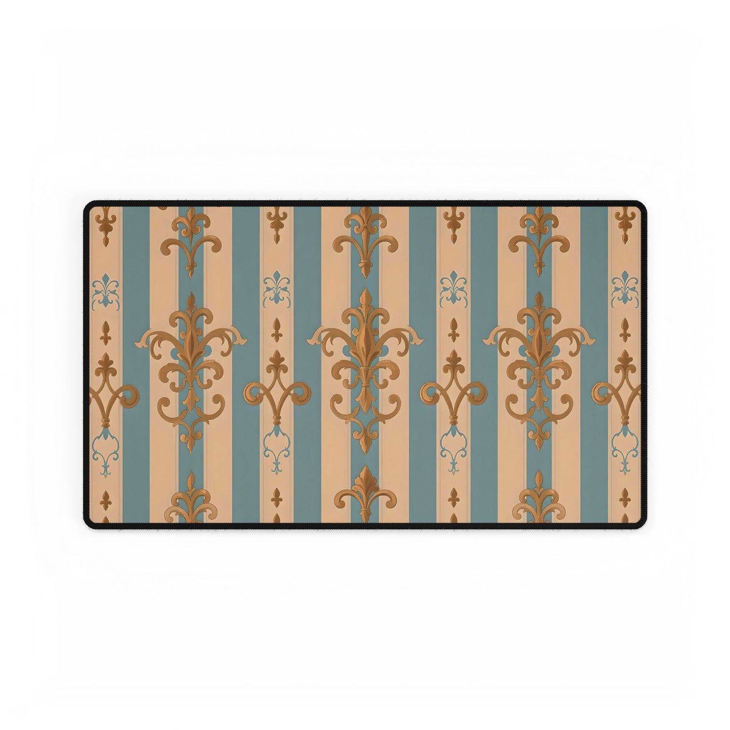 Elegant Floral Motif Desk Mat for Home Office Decor - Beige & Sky Blue Striped Gold Damask