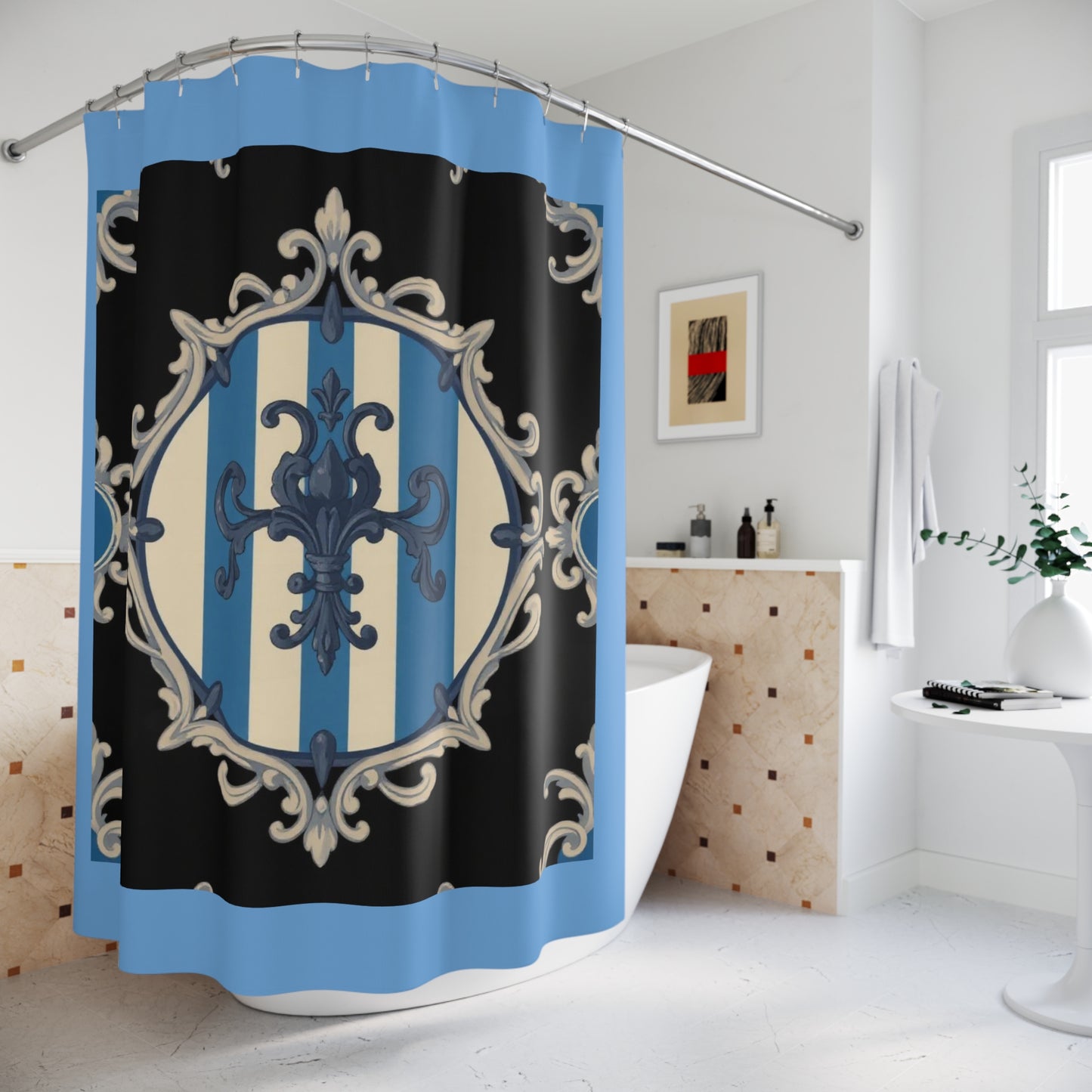 Elegant Blue & Alabaster Striped Baroque Shower Curtains with Ornate Design, Bathroom Decor, Gift for Housewarming