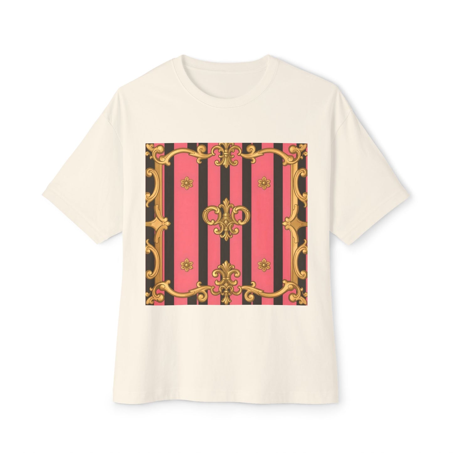 Chic Vintage-Inspired Oversized Tee, Stylish Graphic T-Shirt, Baroque Tee, Casual Summer Shirt - Pink & Black Striped Gold Baroque
