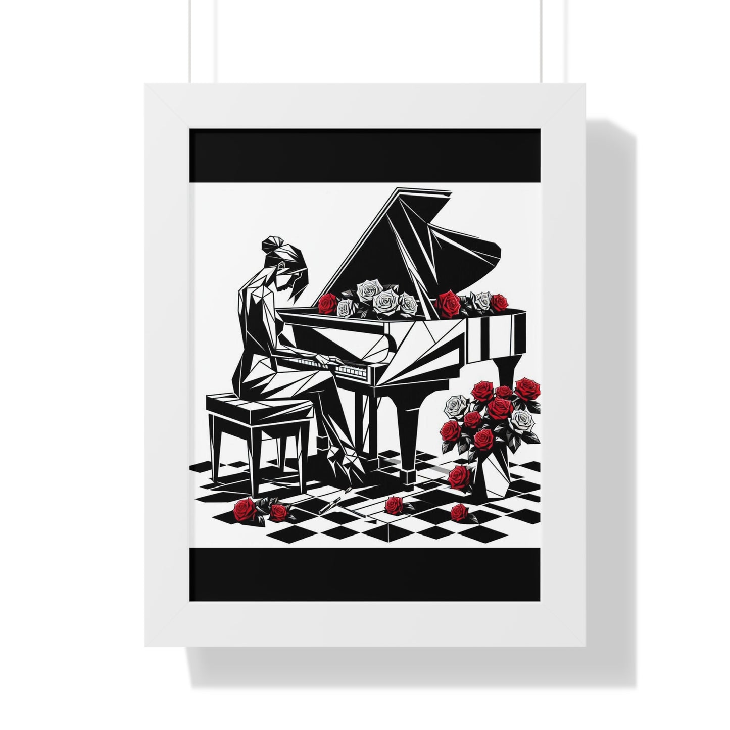 Vertical Poster - Black & White Grand Piano & Red Roses Wall Art