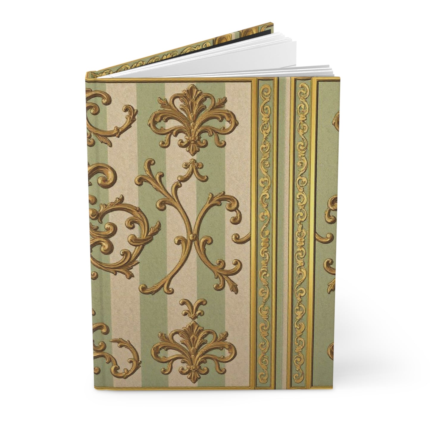 Elegant Vintage Hardcover Journal | Luxury Notebook for Writing, Gift for Writers, Journaling - Mint & Beige Striped Gold Baroque