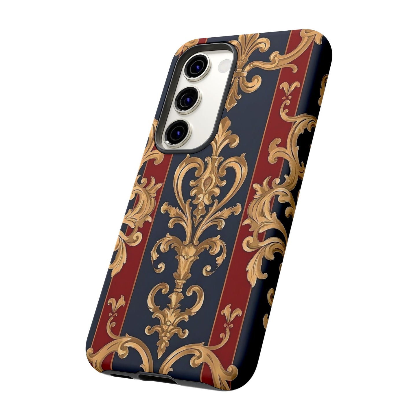 Elegant Floral Motif Phone Case - Tough Cases with Vintage Design - Midnight Blue & Dusk Red Striped Gold Damask