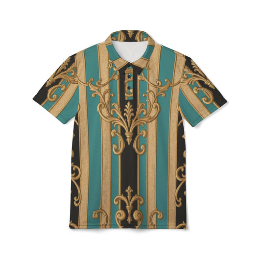 Elegant Black, Tan & Ocean Green Striped Gold Baroque AOP Unisex Polo Shirt, Chic Casual Wear, Stylish Summer Outfit, Unique Gift for Him/Her