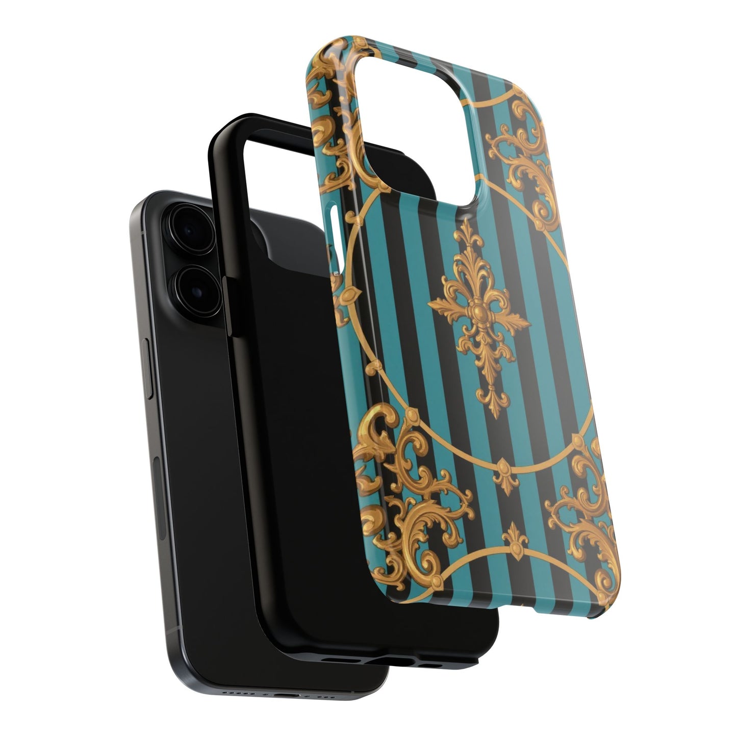 Elegant Turquoise & Black Striped Gold Baroque Phone Case, Tough Phone Cases for Fashion Lovers, Gift for Her, Luxury Accessories