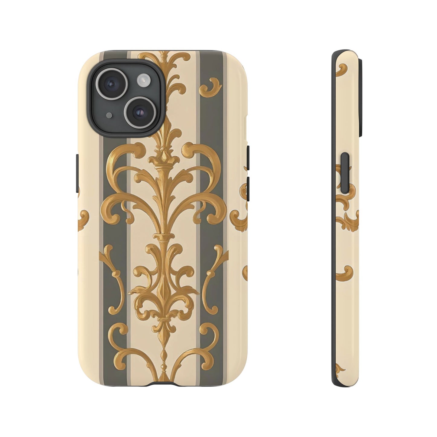 Elegant Floral Motif Phone Case - Tough Cases with Vintage Design - Dusk Olive Striped Gold Damask