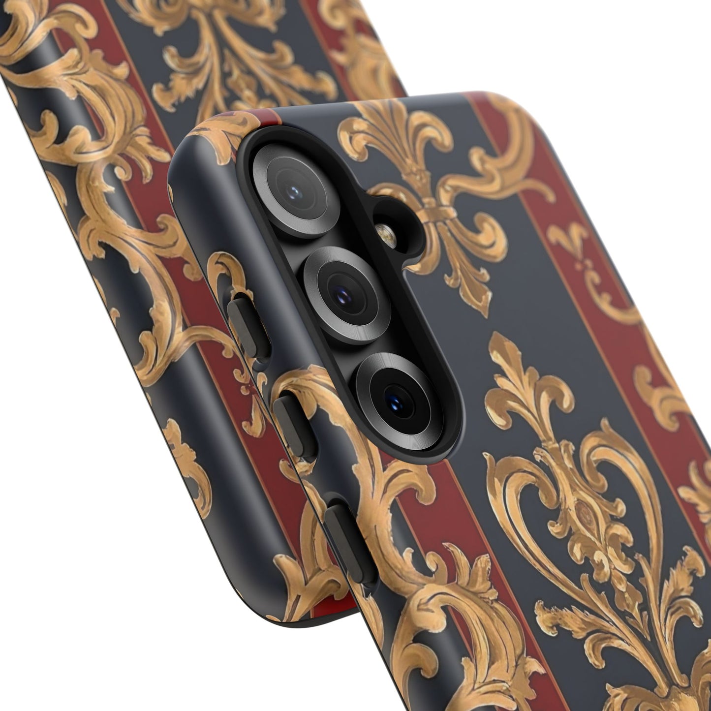 Elegant Floral Motif Phone Case - Tough Cases with Vintage Design - Midnight Blue & Dusk Red Striped Gold Damask