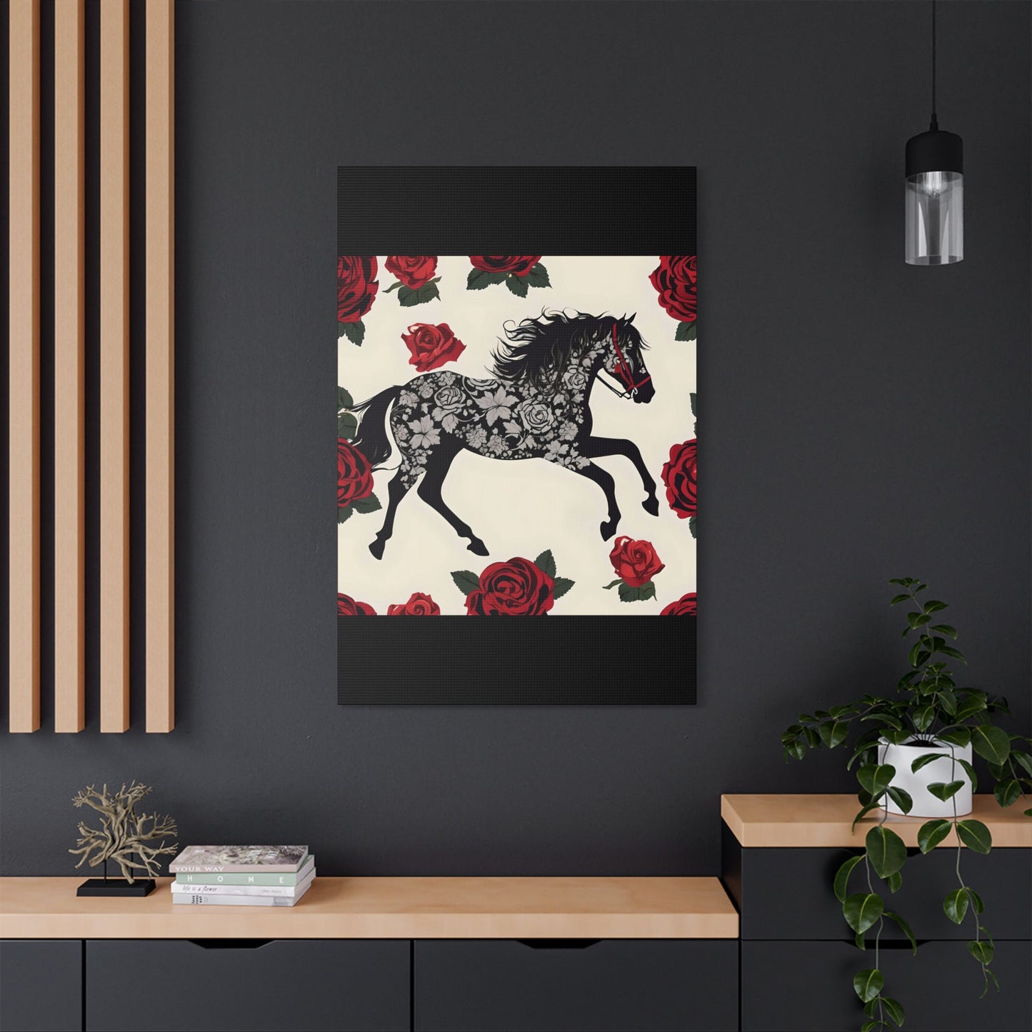 Art Print Canvas, Wall Decor, Satin Stretched Canvas, Equestrian Art, Office Decor, Home Decor - Horse & Roses
