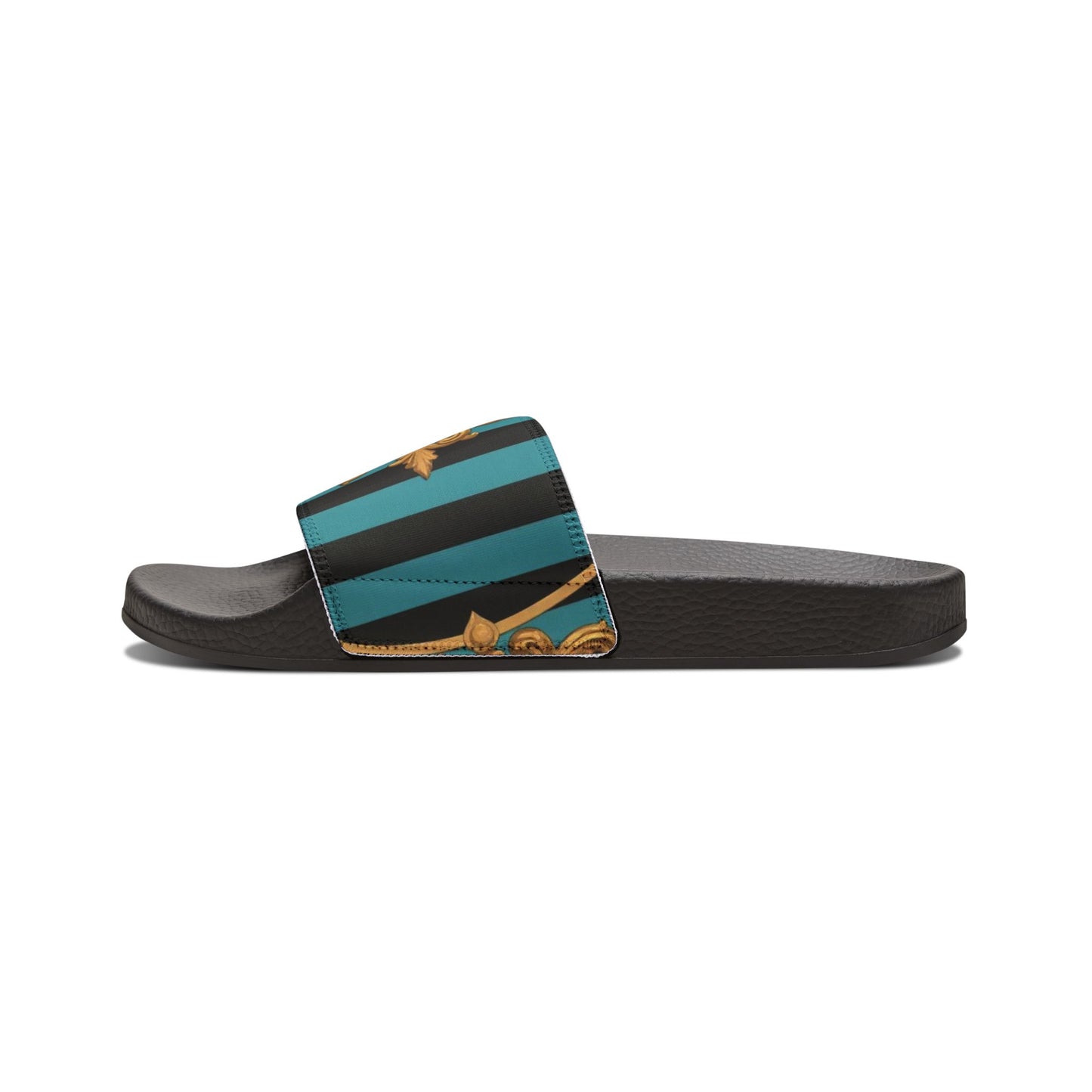 Stylish Turquoise & Black Striped Gold Baroque Removable-Strap Sandals with Elegant Design, Fashion Footwear for Summer, Beach, Vacation