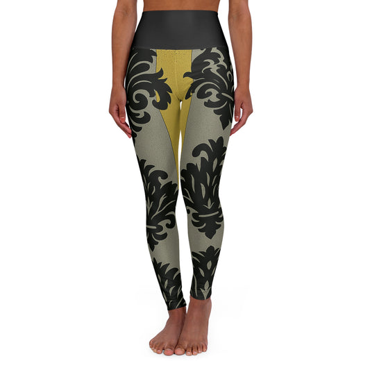 Chic High Waisted Yoga Leggings, Stylish Activewear for Fitness, Comfortable Leggings, Perfect for Yoga & Pilates - Silver & Gold Striped Black Baroque