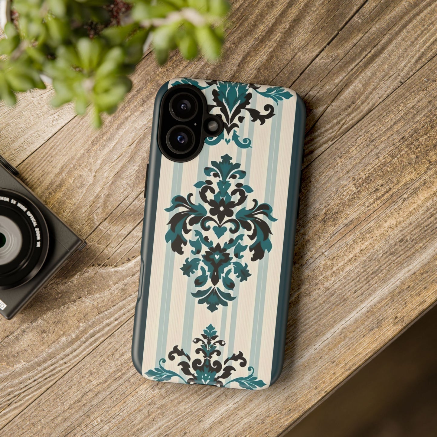 Elegant Floral Phone Case - Tough Cases with Vintage Design - Teal Striped Damask