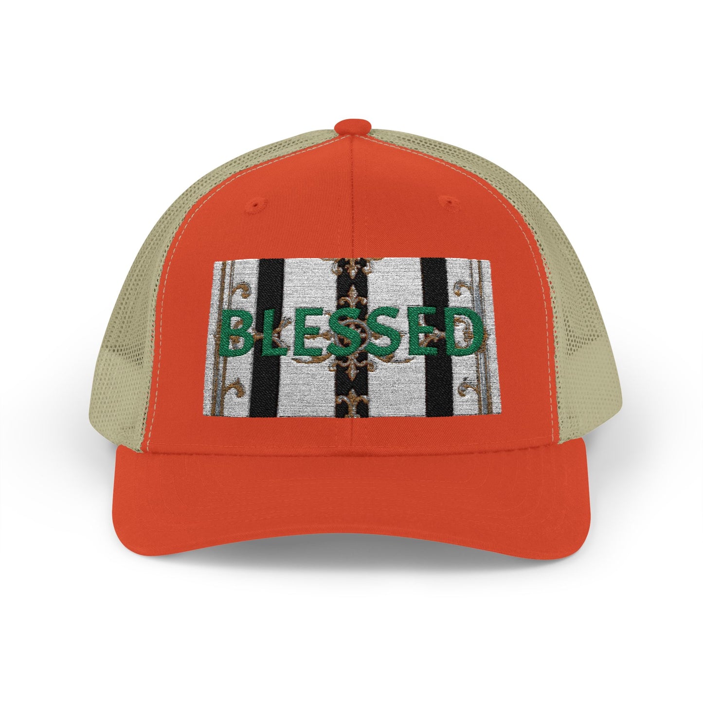 Blessed Snapback Trucker Cap | Casual Style, Outdoor Gear, Faith-Based Gift, Adjustable Hat, Everyday Fashion - Black & White Striped Gold Baroque