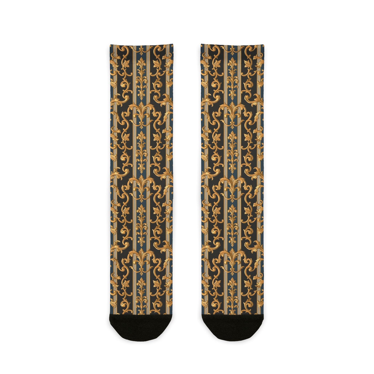 Stylish Patterned Crew Socks - Fashionable Fun Footwear, Great for Gifting, Casual Wear, Holidays, Weddings - Blue & Black Striped Rococo