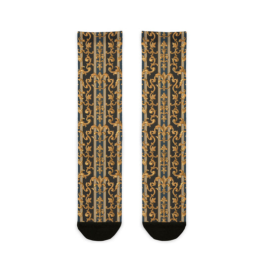 Stylish Patterned Crew Socks - Fashionable Fun Footwear, Great for Gifting, Casual Wear, Holidays, Weddings - Blue & Black Striped Rococo