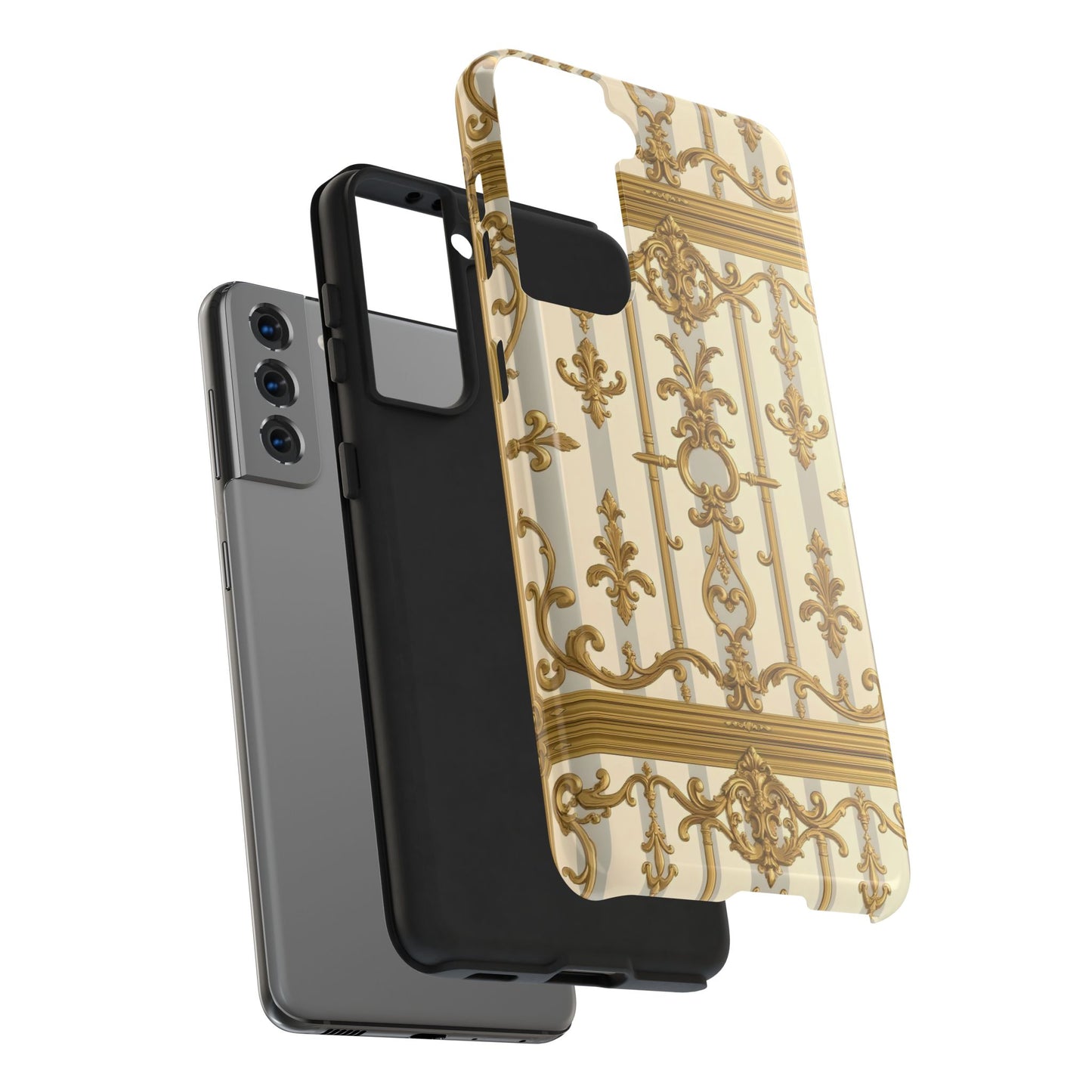 Elegant Gold Pattern Tough Phone Cases | Stylish Phone Covers, Trendy Cell Phone Accessories - Matte Gray & Cream Striped Gold Baroque