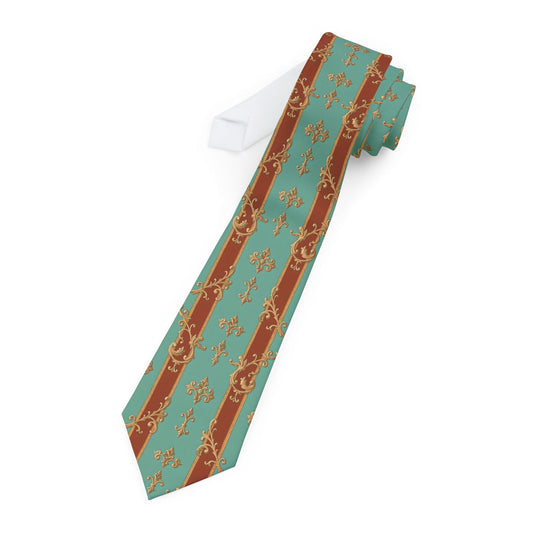 Elegant Floral Necktie - Perfect for Weddings & Formal Events - Rust & Mint Aqua Striped Baroque