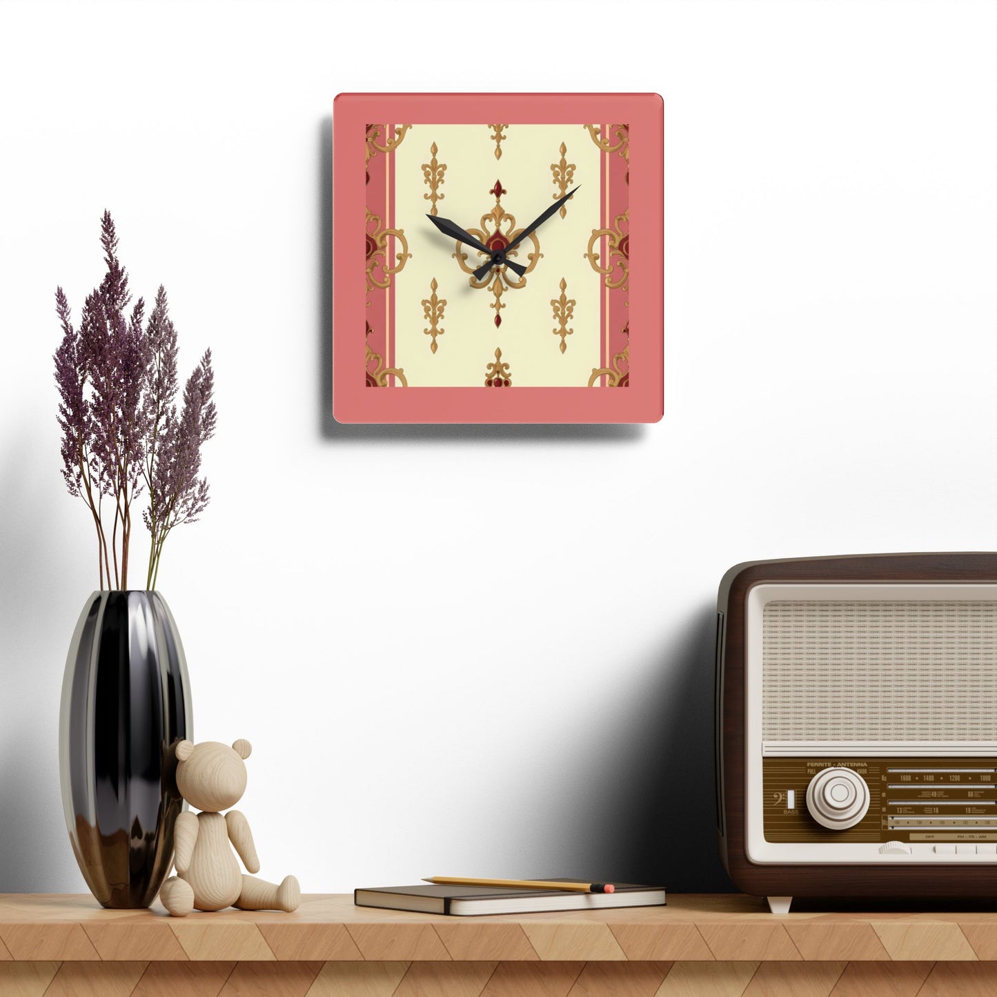 Bohemian Damask-Inspired Acrylic Wall Clock with Floral Design -  Mauve & Gold Design