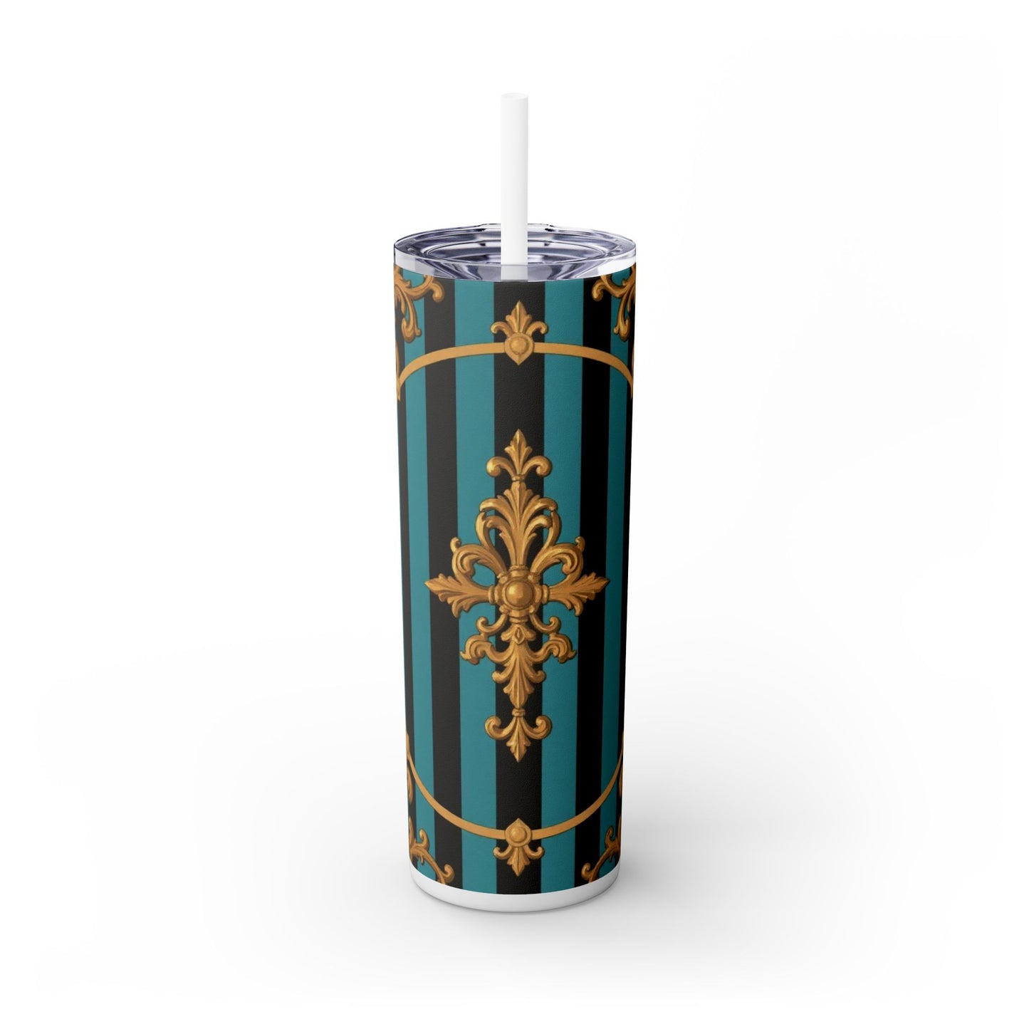 Elegant Turquoise & Black Striped Gold Baroque Skinny Tumbler with Straw, 20oz, Stylish Travel Mug, Party Favor, Birthday Gift, Drinkware