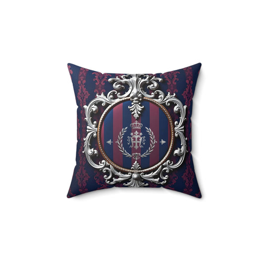Elegant Vintage Inspired Square Pillow with Royal Crest, Decorative Cushion, Luxury Home Decor, Gift for Any Occasion - Blue & Plum Striped Silver Crest