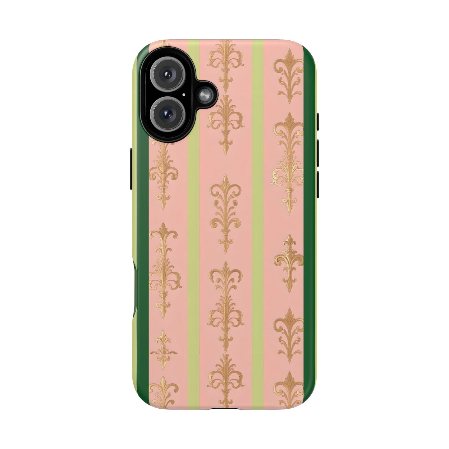 Elegant Floral Motif Phone Case - Tough Cases with Vintage Design - Lime Green & Pink Striped Damask