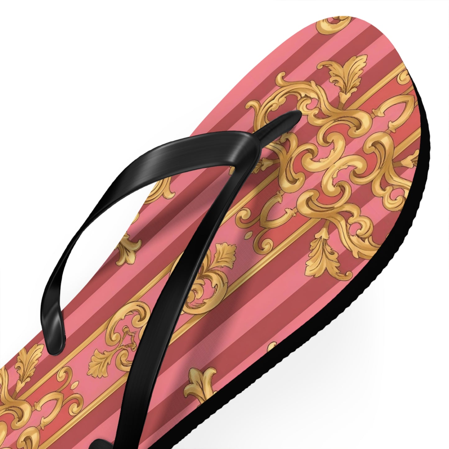 Elegant Floral Flip Flops, Summer Sandals, Beach Accessories, Vacation Footwear, Stylish Slip-Ons - Pink Striped Gold Baroque