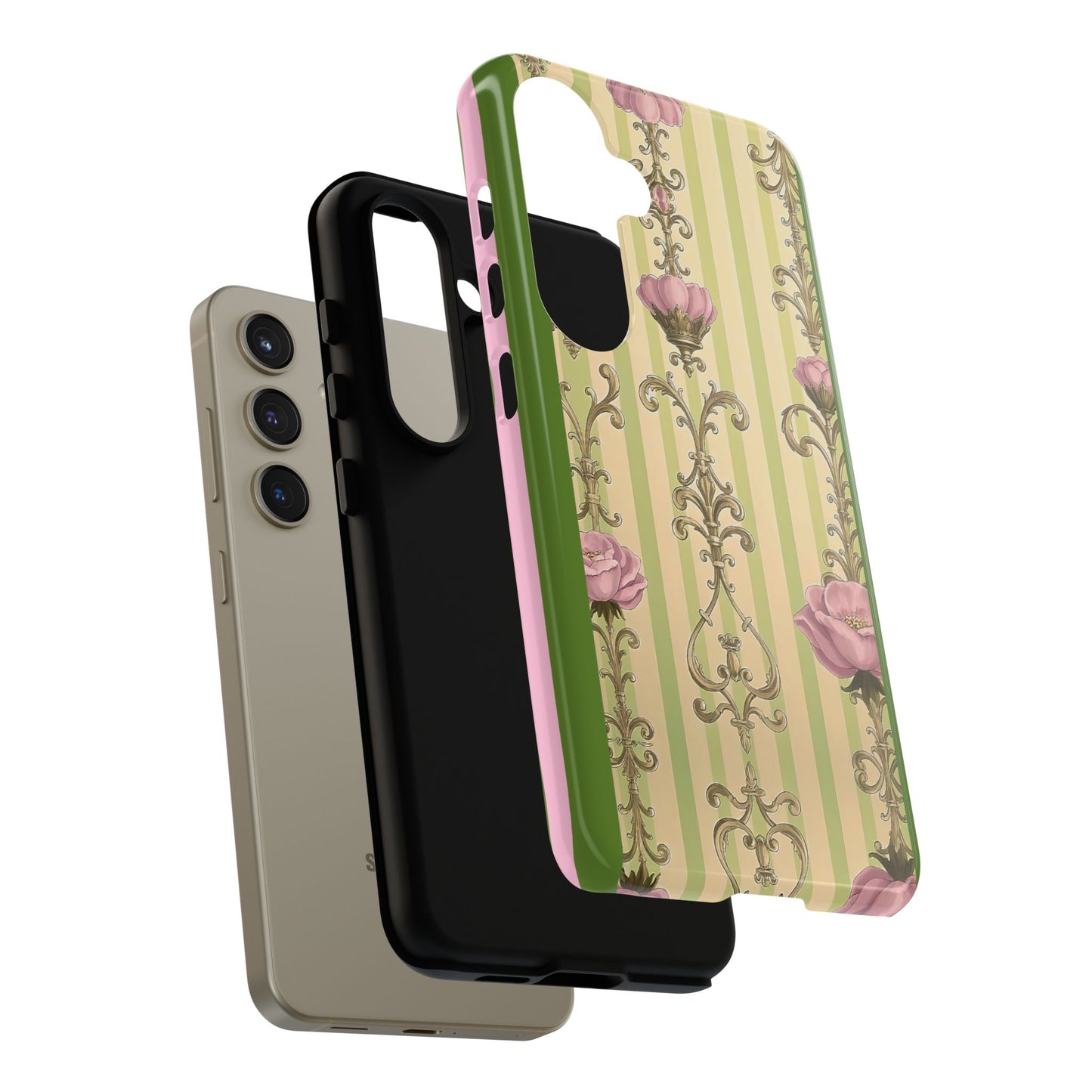 Elegant Floral Motif Phone Case - Tough Cases with Vintage Design - Lime Green & Pink Striped Damask