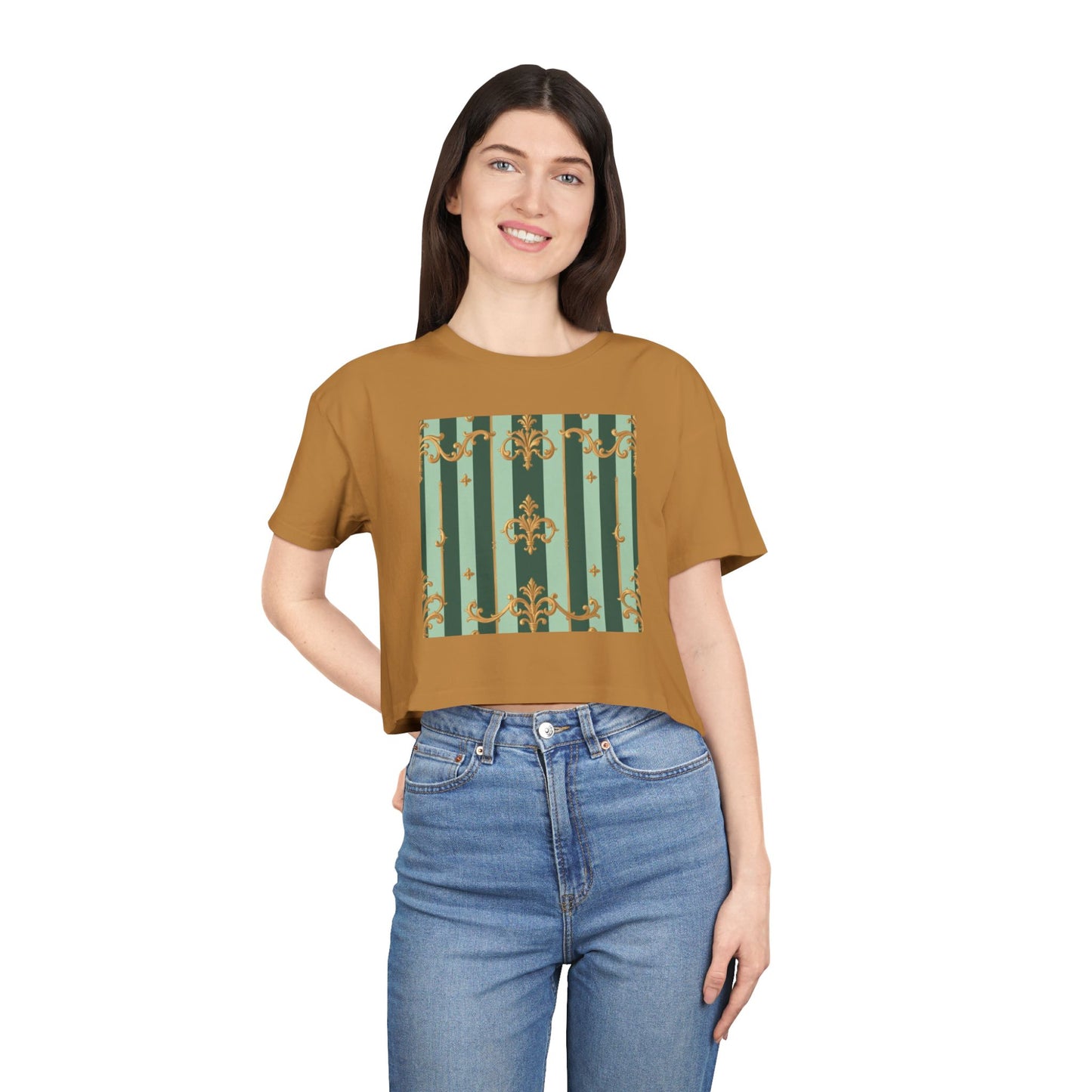 Chic Women's Crop Tee with Elegant Patterns, Fashion Top, Summer Style, Trendy Outfit, Gift for Her - Mint Green & Teal Striped Gold Baroque