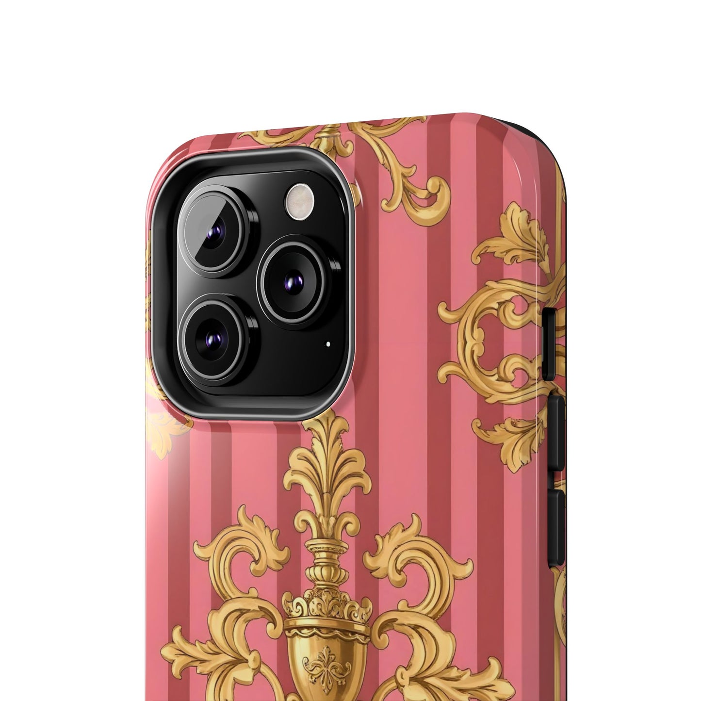 Elegant Baroque Tough Phone Cases, Durable Phone Cover, Stylish Accessory, Gift for Any Occasion - Pink Striped Gold Baroque