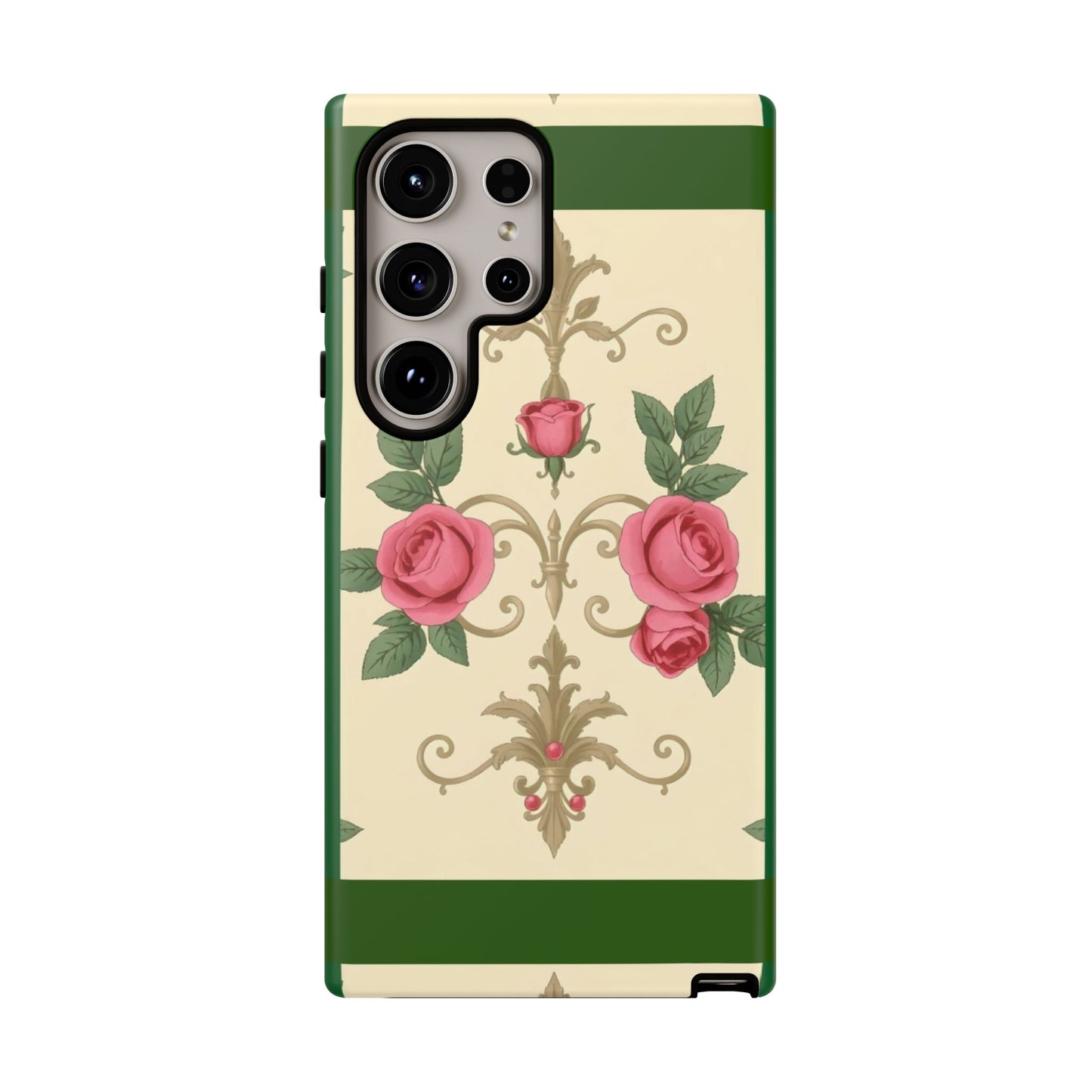 Elegant Floral Motif Phone Case - Tough Cases with Vintage Design - Green Border Roses & Damask