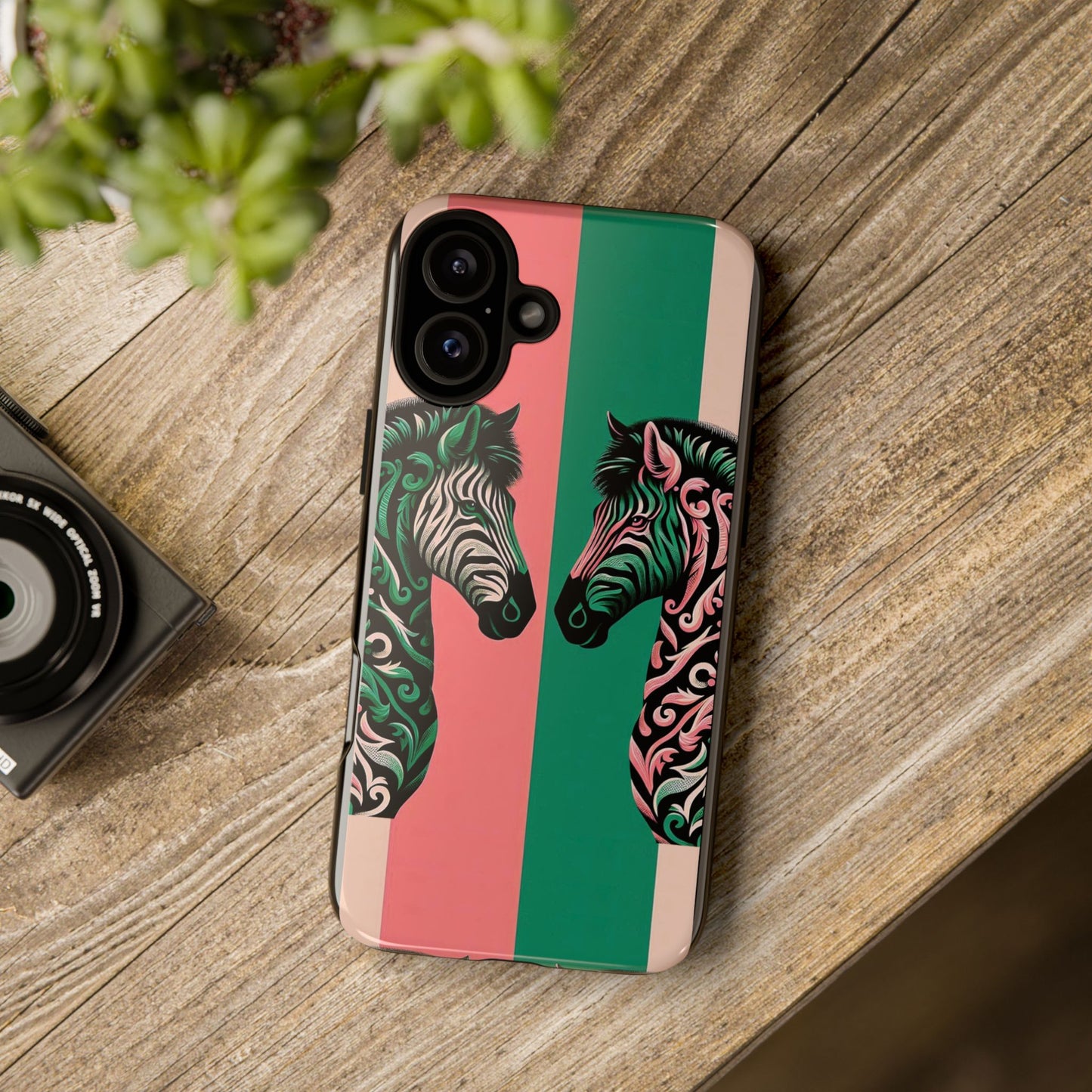 Phone Case - Elegant Pink & Green Zebra Damask Design