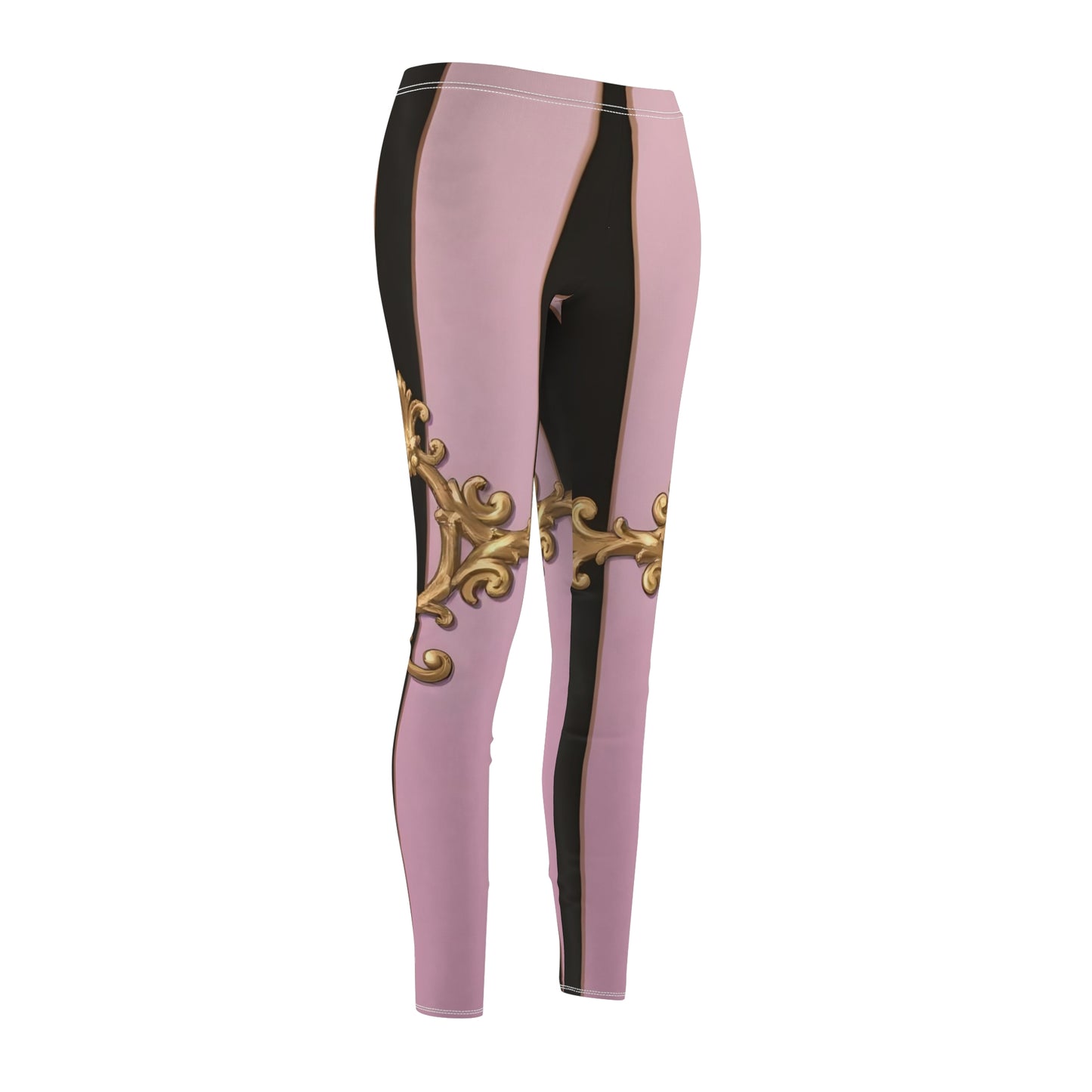 Elegant Women's AOP Leggings with Baroque Design, Chic Activewear, Trendy Workout Pants - Matte Lavender & Black Striped Gold Baroque