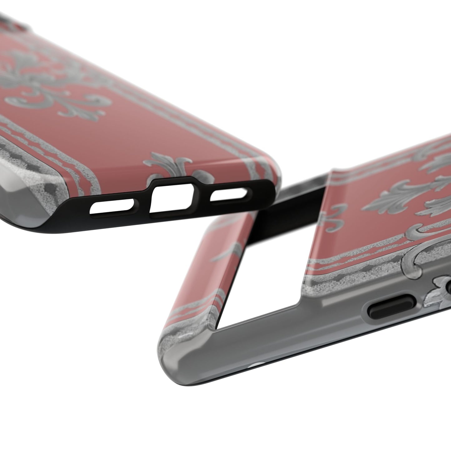 Elegant Floral Phone Case - Tough Cases for Stylish Protection - Gray & Mauve Striped Baroque
