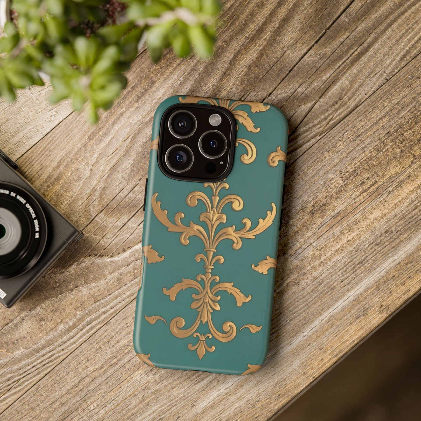 Elegant Floral Motif Phone Case - Tough Cases with Vintage Design - Aqua & Gold Damask