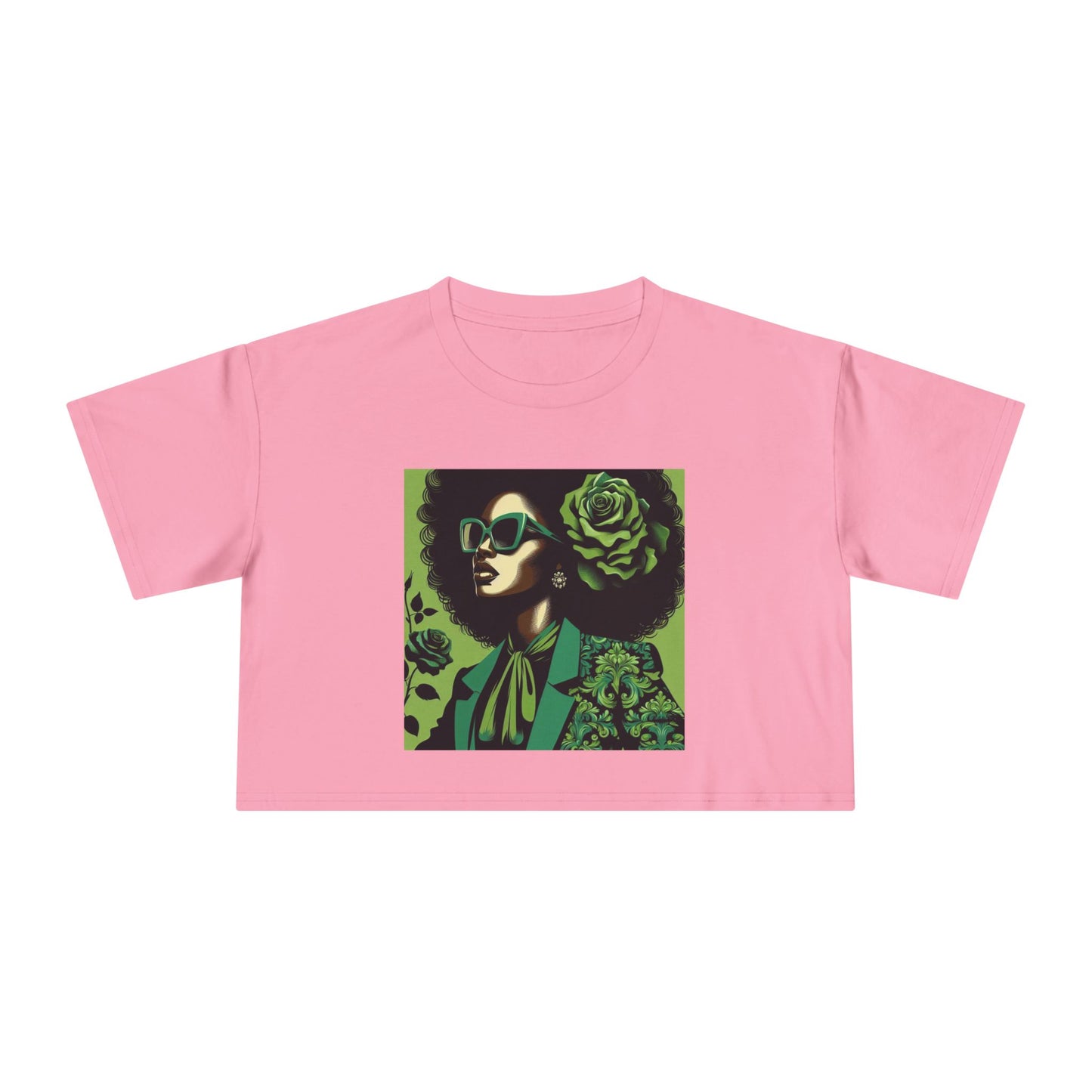 Stylish Women's Crop Tee with Damask Design | Trendy Summer Top, Afro Crop Shirt, Casual Wear, Gift for Her - Lady in Green Damask