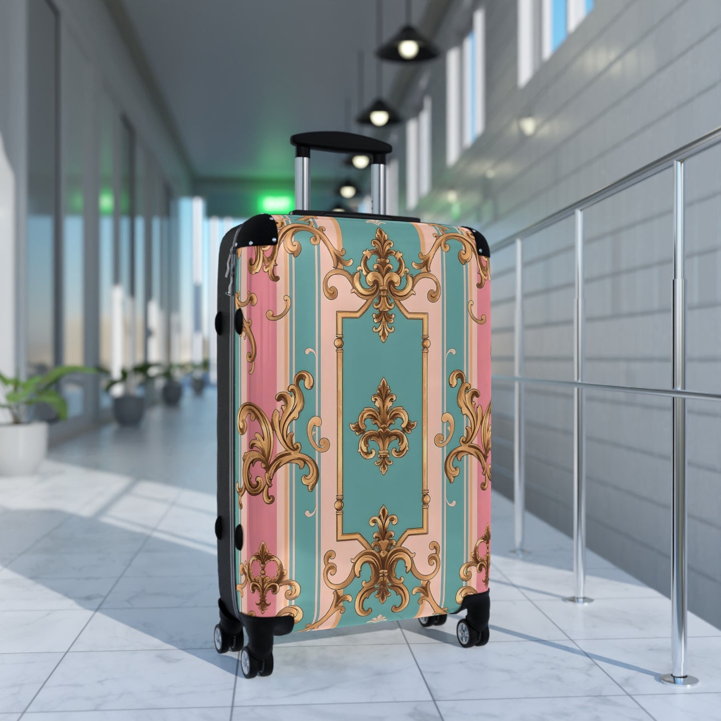 Chic Travel Suitcase - Stylish Carry-On Luggage for Jetsetters, Vacation Days, Weekend Getaways - Pink & Matte Turquoise Striped Rococo