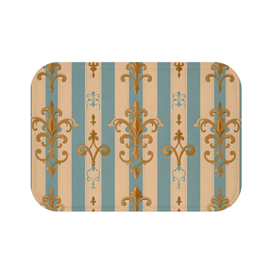Elegant Vintage Bath Mat with Ornate Design for Luxurious Home Decor -  Beige & Sky Blue Striped Gold Damask