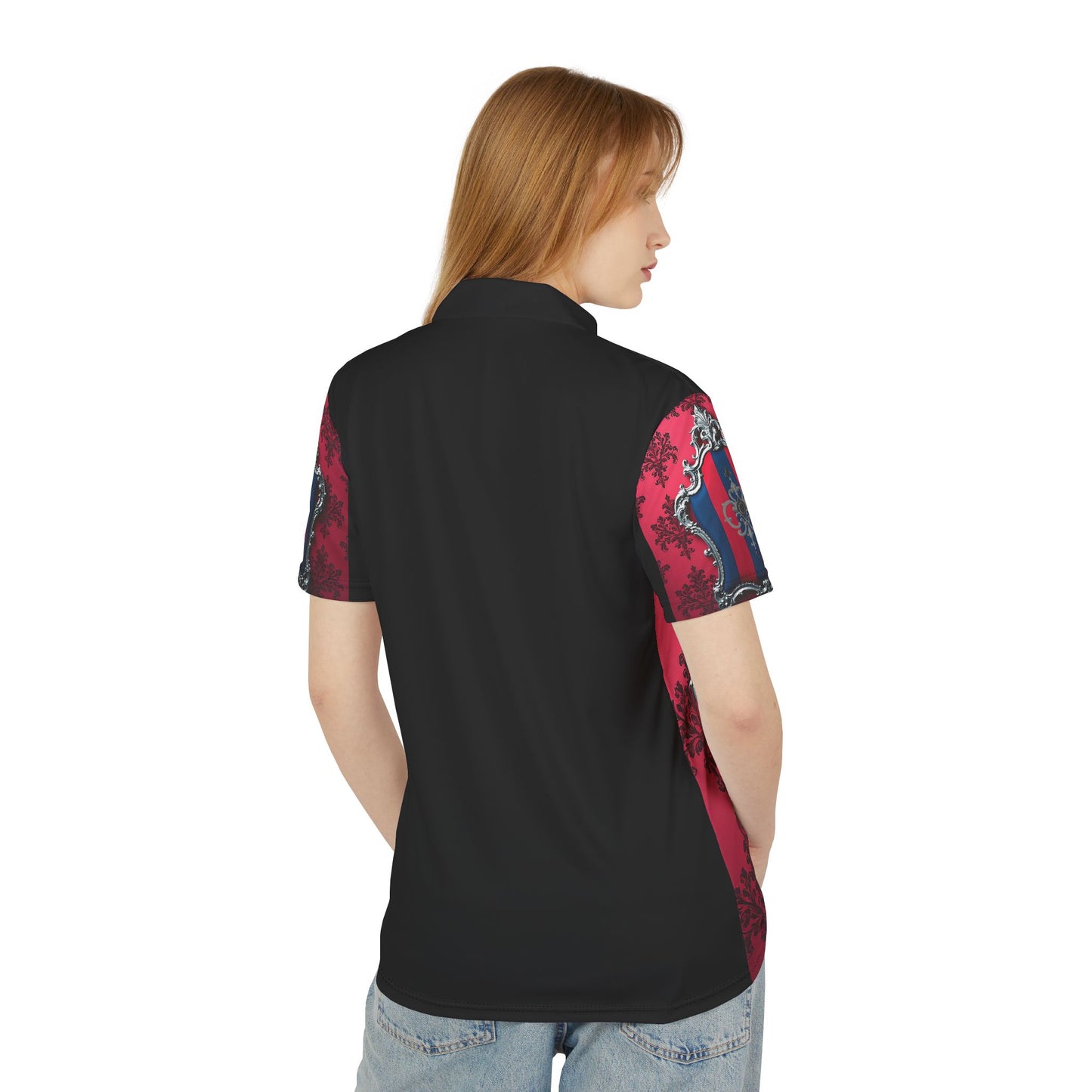 Elegant Vintage Unisex Polo Shirt - Blue & Red Striped Silver Crest