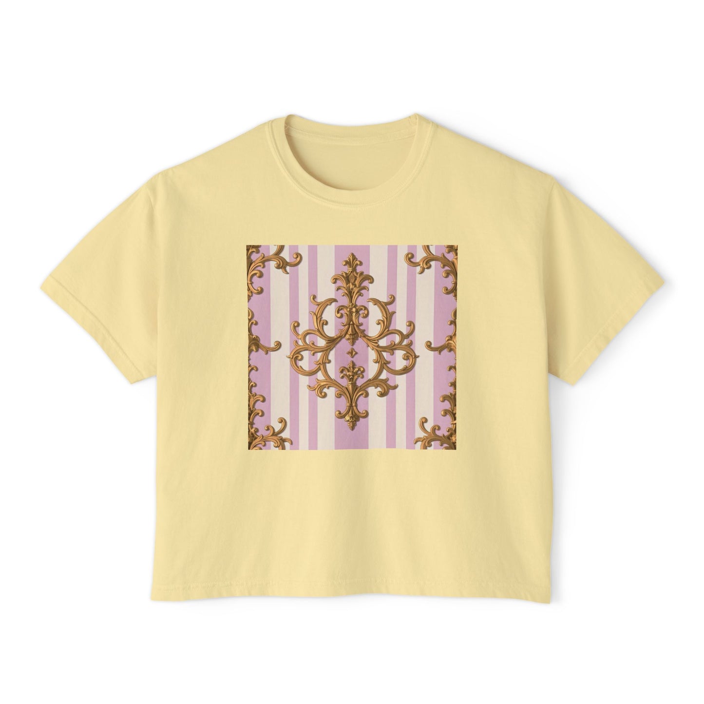 Chic Baroque Women's Boxy Tee, Stylish Cropped T-Shirt, Casual Top, Summer Boxy Tee, Baroque Print Shirt - Lilac & Alabaster Striped Gold Baroque