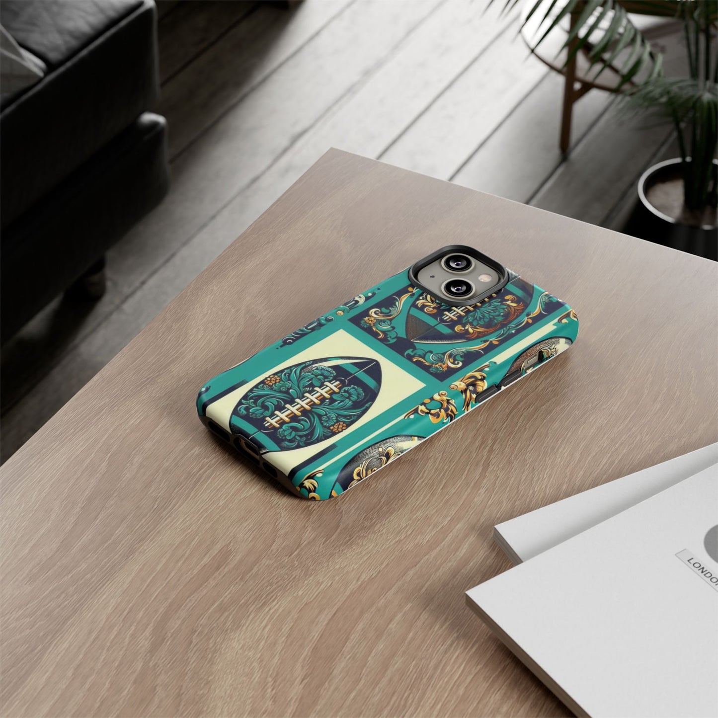 Elegant Floral Motif Phone Case - Tough Cases with Vintage Design -  Damask Teal, Gold & Black Footballs