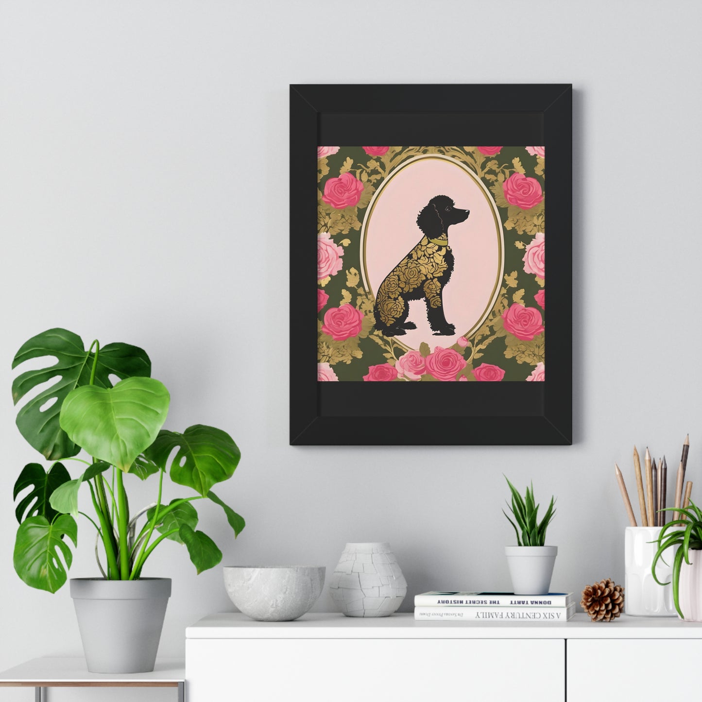 Vertical Poster - Stylish Framed - Art for Home Decor - Damask Black & Gold Poodle in Olive & Pink Roses