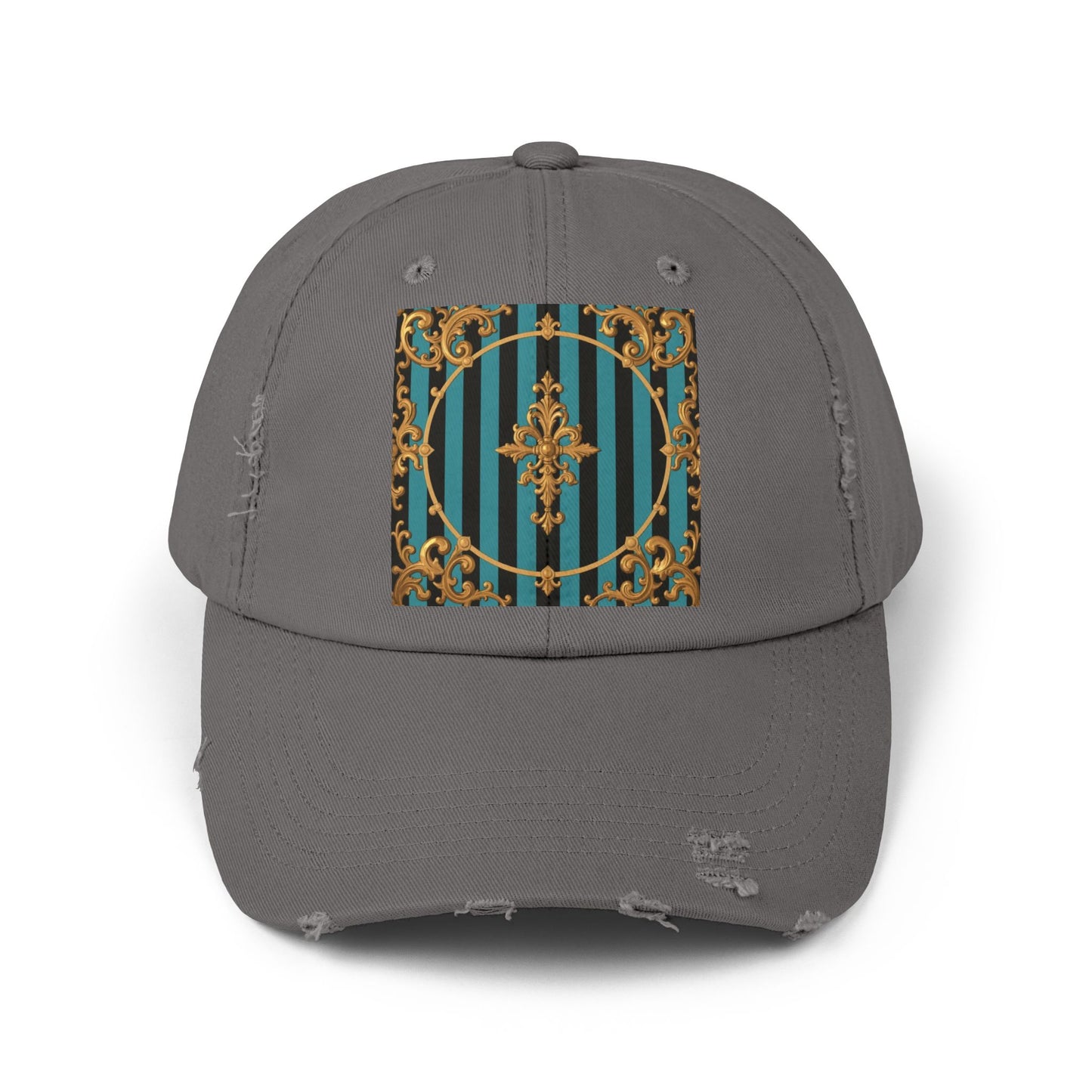 Turquoise & Black Striped Gold Baroque Distressed Cap with Elegant Design, Fashion Accessory for Everyday Wear, Perfect for Festivals, Gifts