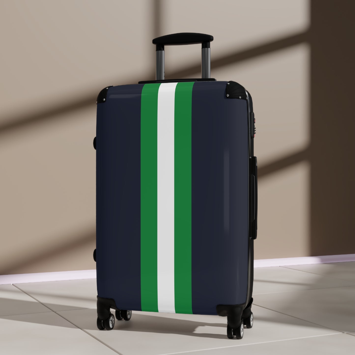 Lunar Midnight & Green-White Striped Stylish Carry-On Suitcase | Travel in Style, Lightweight Luggage, Gym Bag, Weekender Travel, Holiday Gift Idea