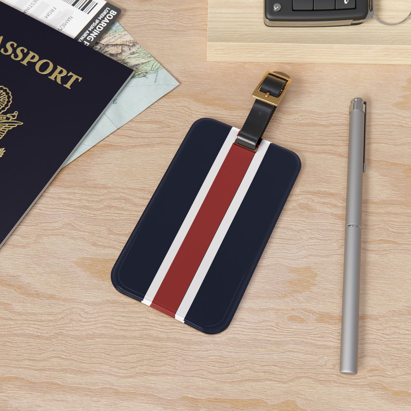 Lunar Midnight & Red-White Striped Stylish Luggage Tag, Personalized Travel ID, Perfect Gift for Travelers, Unique Baggage Tag, Vacation Essentials, Carry-On Accessory