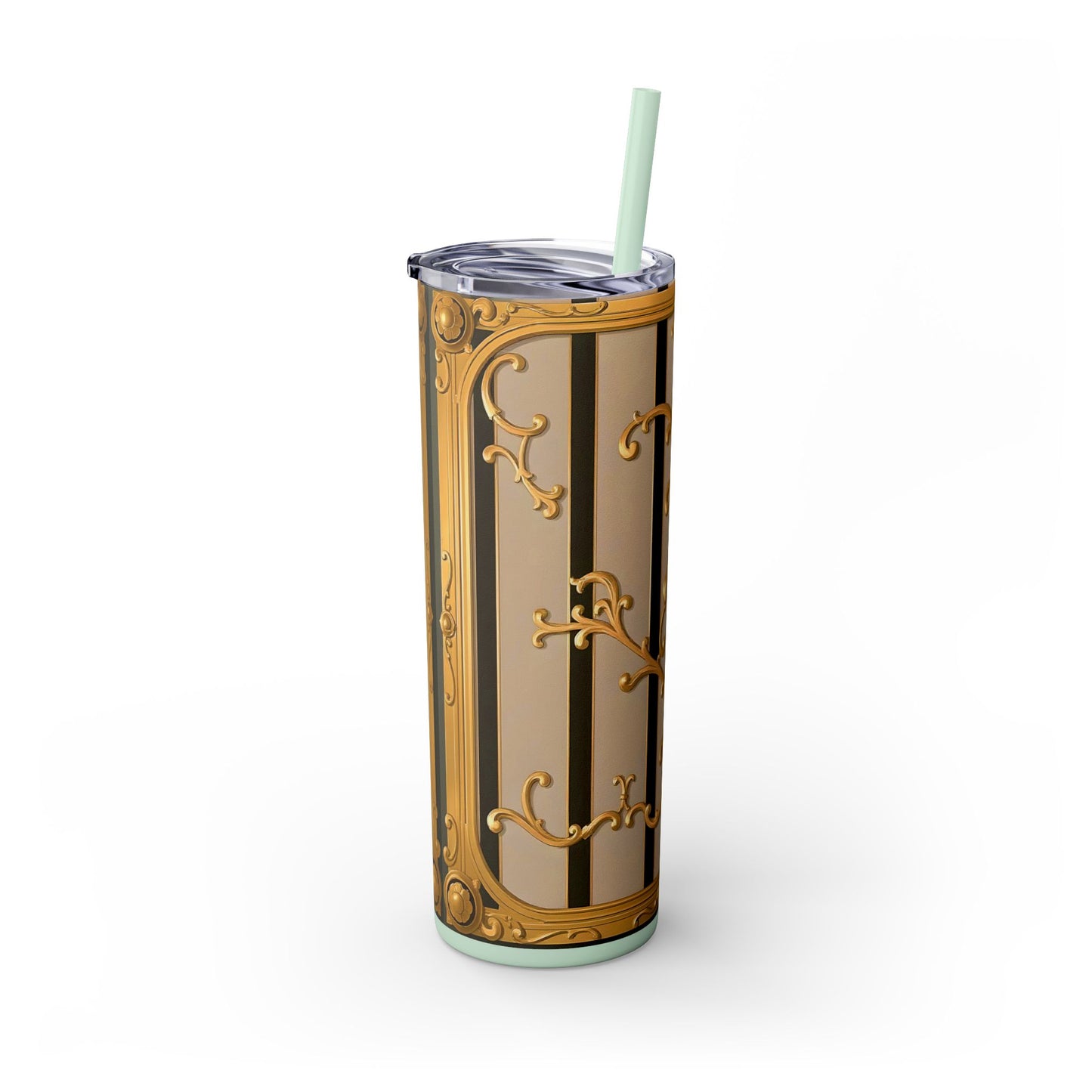 Skinny Tumbler with Straw, 20oz - Beige Striped Gold Rococo