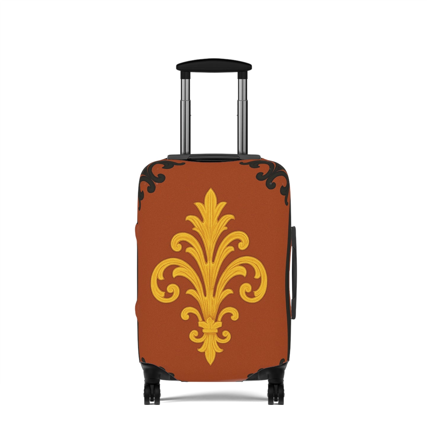 Dusk Terracotta Baroque - Vintage Gold Baroque Design Luggage Cover — Elegant Golden Scroll Travel Protector