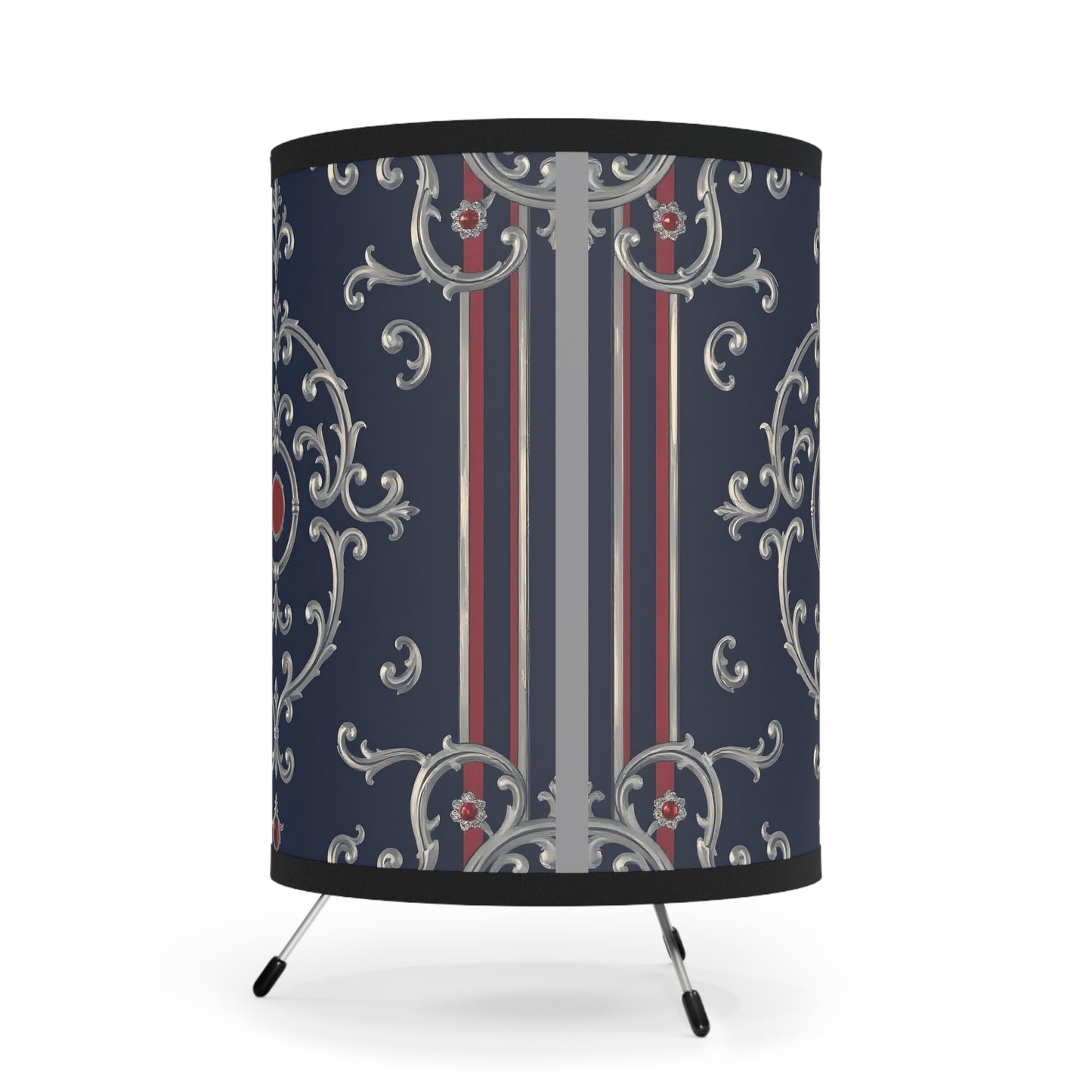 Elegant Tripod Lamp - High-Res Printed Shade, Unique Home Decor for Living Room, Bedroom, Office - Blue & Red Striped Silver Baroque
