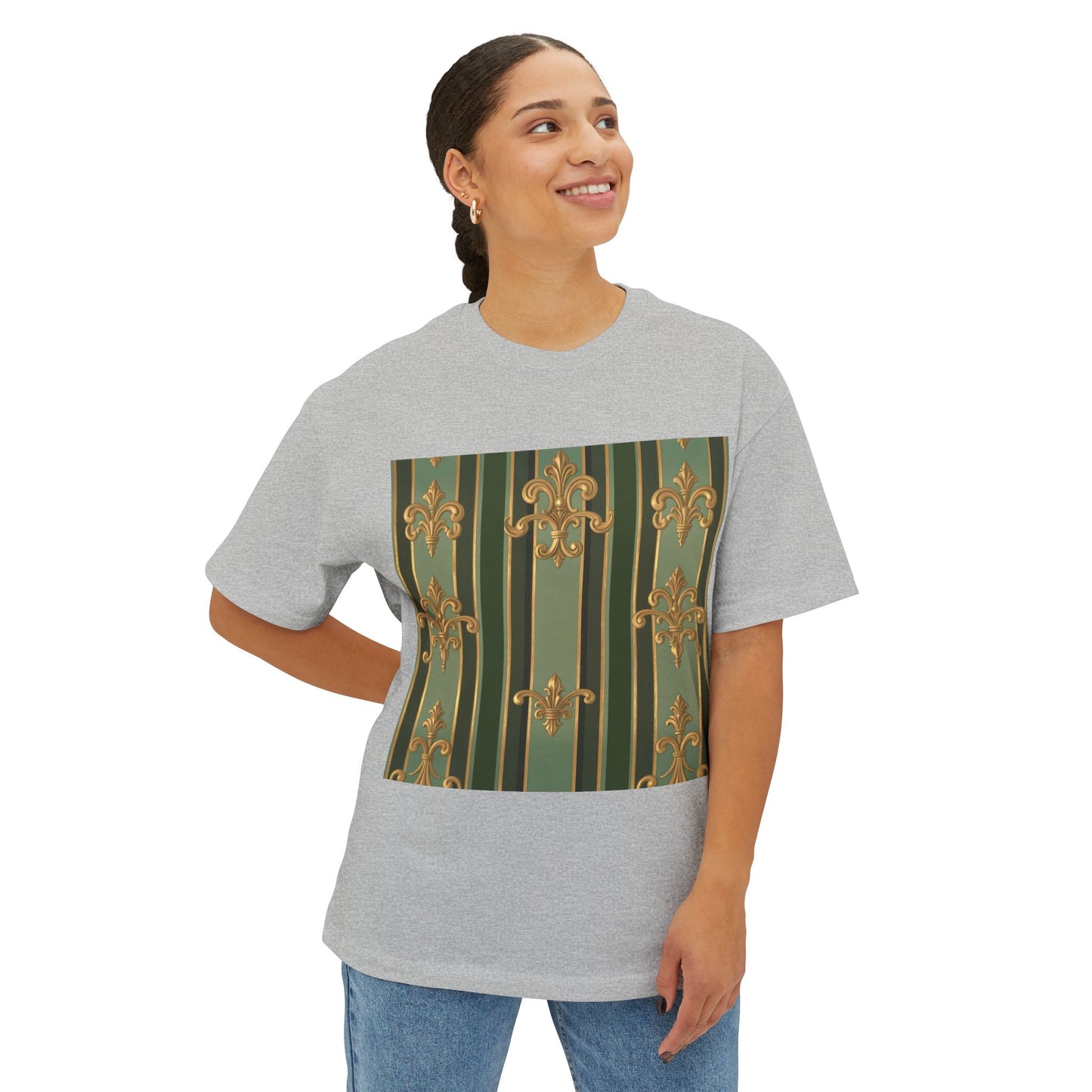 Elegant Vintage-Inspired Boxy Tee, Relaxed Fit Graphic T-Shirt, Floral Design Top, Perfect for Casual Outings - Green Striped Gold Baroque
