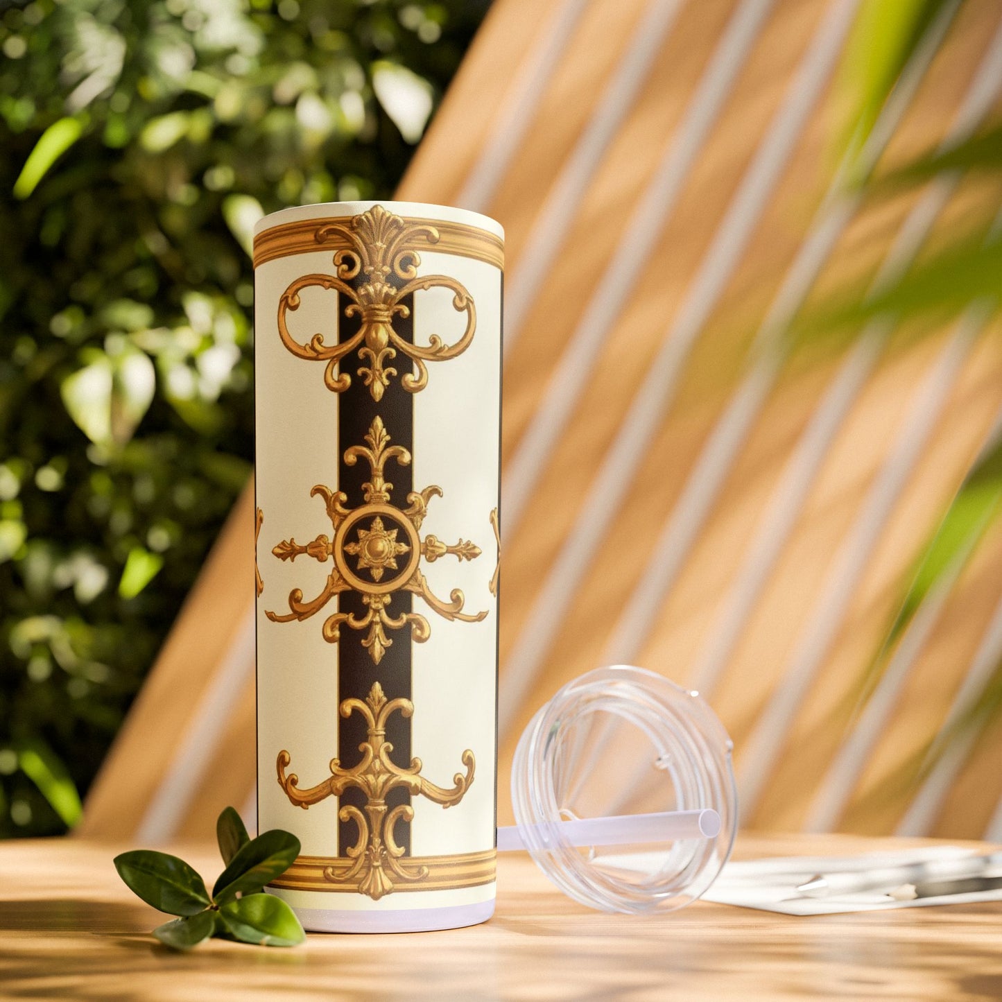 Elegant Gold Accents Skinny Tumbler, 20oz - Stylish Drinkware for Weddings, Parties, Gifts, or Everyday Use - Black & White Striped Gold Baroque