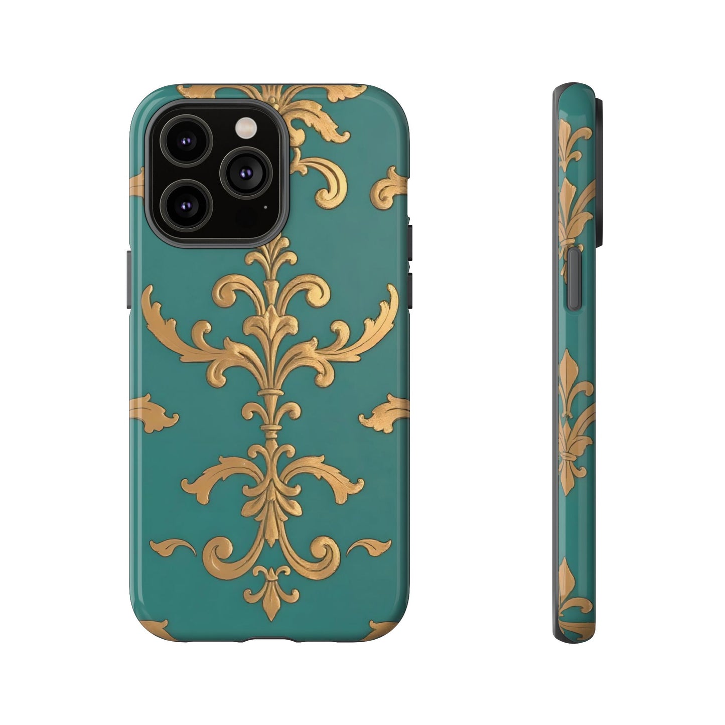Elegant Floral Motif Phone Case - Tough Cases with Vintage Design - Aqua & Gold Damask