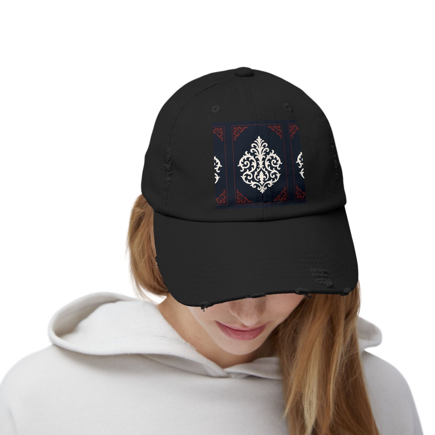 Dusk Blue & Maroon-White Baroque Distressed Cap with Ornamental Medallion Patch