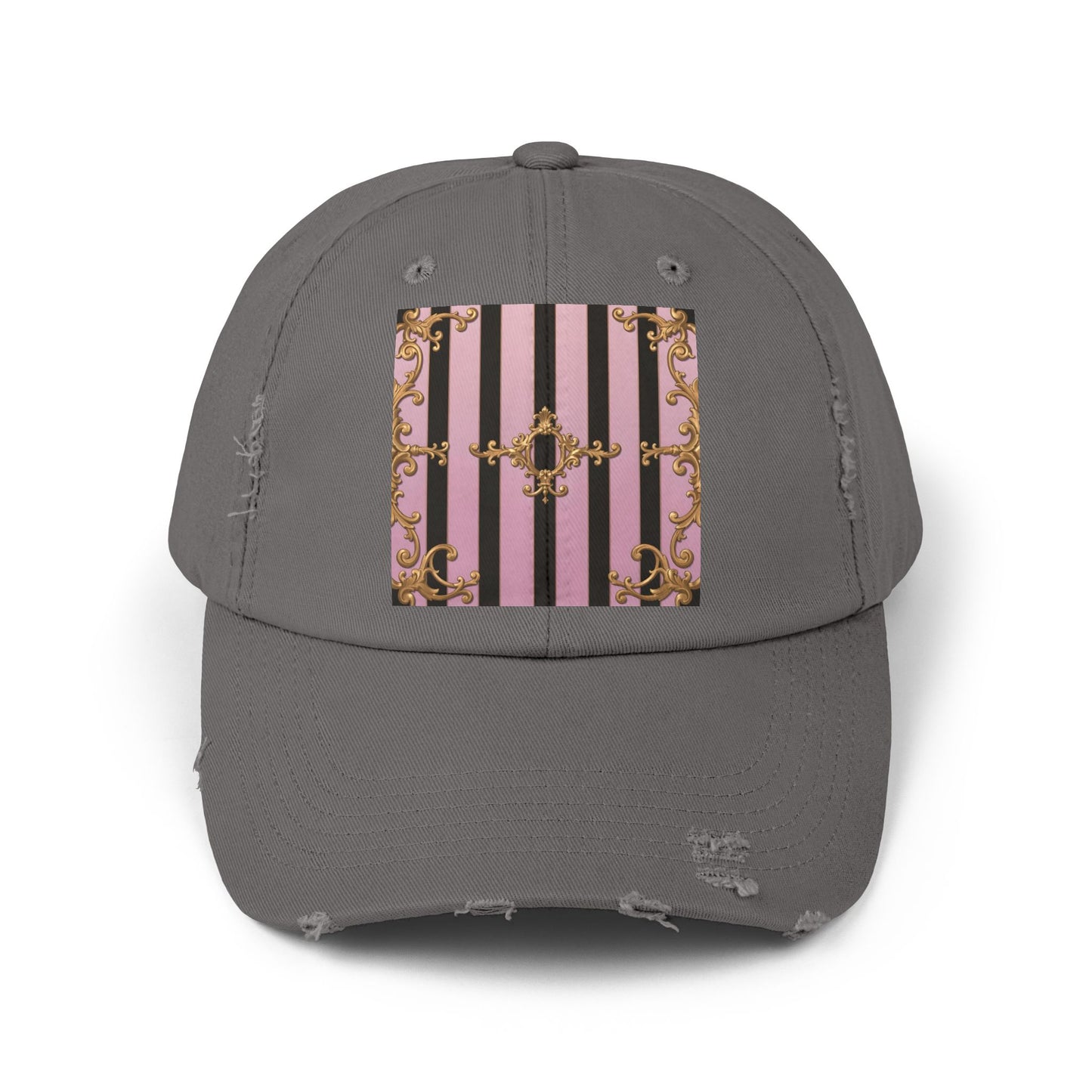Chic Distressed Cap, Trendy Fashion Accessory, Summer Style Hat, Unique Gift for Her - Matte Lavender & Black Striped Gold Baroque